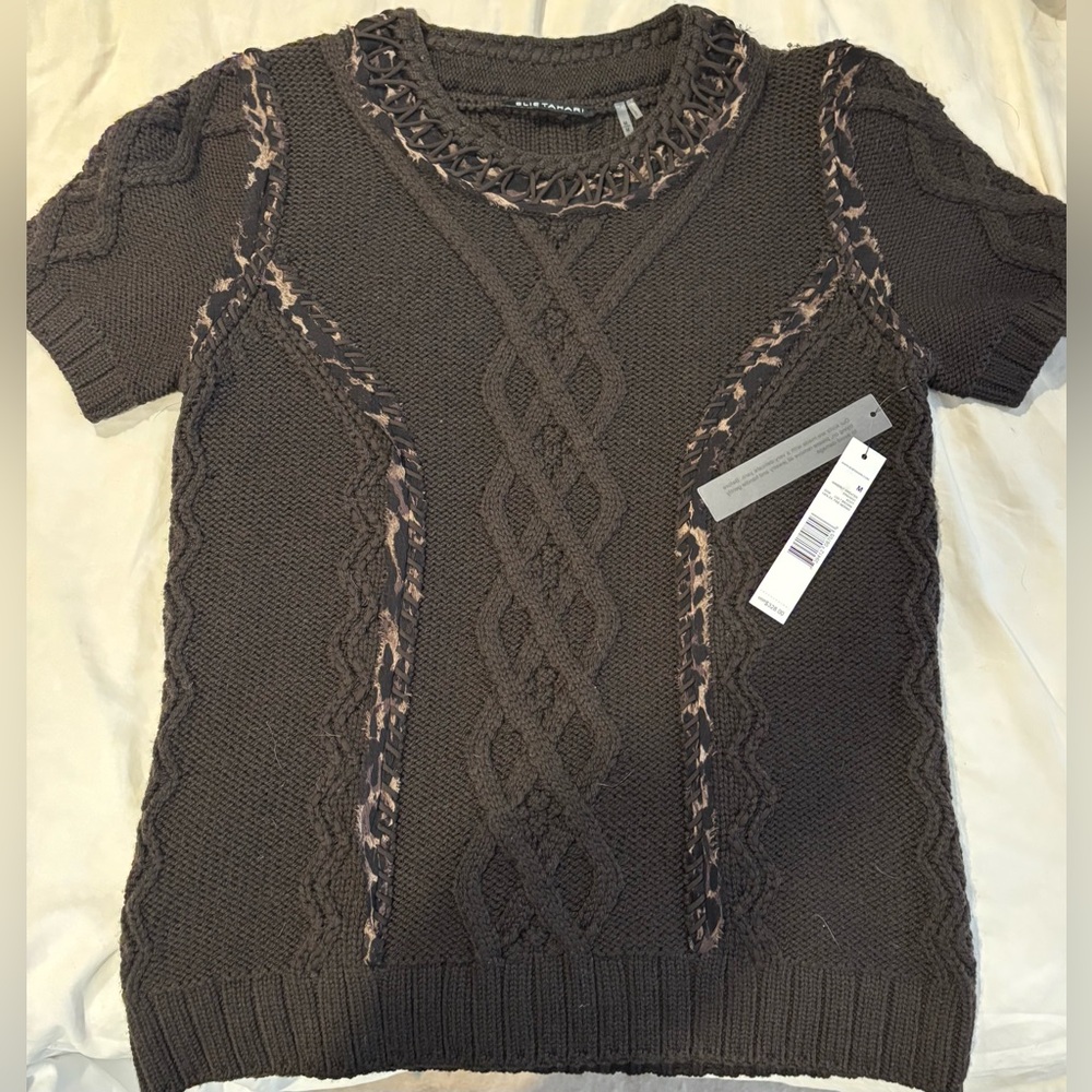NWT 100% EXTRA FINE MERINO WOOL ELIE TAHARI WAVERLY COLT BROWN SWEATER